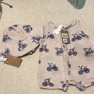 Angel Dear Cream and Blue Bicycle Print One Piece and Hat Set